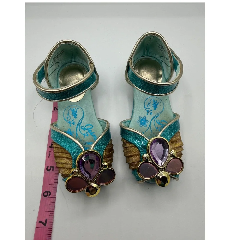 Disney Princess Jasmine Teal Glitter Dress Up Shoe Girls 8/9 6inches Kitten Heel